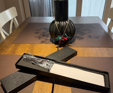 Brand new Japanese style Nakiri knife with a beautiful Damascus steel pattern blade.