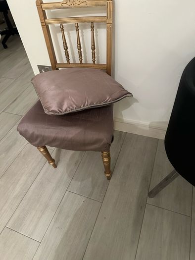 Antique chair wood painted gold with taupe silk type cover
