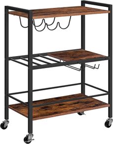 Drinks Trolley on Wheels, Bar Cart Trolley, 3-Tier Kitchen Serving Trolley with Glass Holder and Wine Rack, Freely Rotating and Lockable Wheels, for Dining Room, Rustic Brown (FREE POSTAGE)