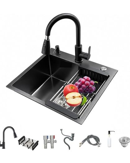 Black Kitchen Sink 50 x 45cm Stainless Steel Sink Bowl with Pull Down Tap Kitchen Sinks Single Bowl with Drainer Basket Soap Dispenser, Deep Bowl for UK Kitchens, Top/Flush/Undermount Sink