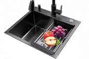 Black Kitchen Sink 50 x 45cm Stainless Steel Sink Bowl with Pull Down Tap Kitchen Sinks Single Bowl with Drainer Basket Soap Dispenser, Deep Bowl for UK Kitchens, Top/Flush/Undermount Sink