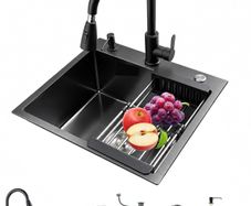 Black Kitchen Sink 50 x 45cm Stainless Steel Sink Bowl with Pull Down Tap Kitchen Sinks Single Bowl with Drainer Basket Soap Dispenser, Deep Bowl for UK Kitchens, Top/Flush/Undermount Sink