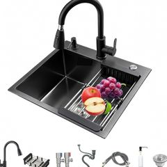 Black Kitchen Sink 50 x 45cm Stainless Steel Sink Bowl with Pull Down Tap Kitchen Sinks Single Bowl with Drainer Basket Soap Dispenser, Deep Bowl for UK Kitchens, Top/Flush/Undermount Sink