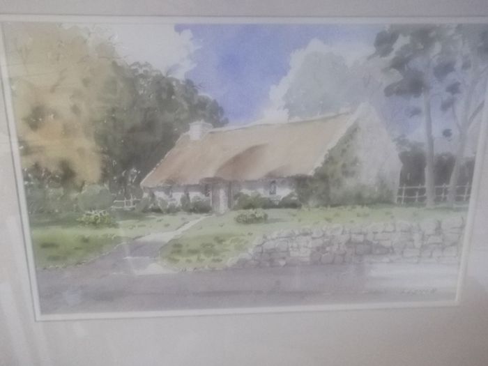 a large water colour painting of a irish cottage connemar  by tony lynch