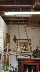 Rustic Antler Chandelier with Amber Glass Shades