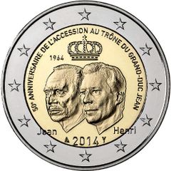 Luxembourg 2 Euro Commemorative Coin 2014 - 50th Anniversary of the Accession to the Throne of Grand Duke Jean. Uncirculated.
