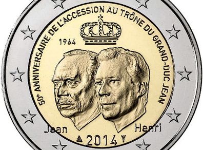 Luxembourg 2 Euro Commemorative Coin 2014 - 50th Anniversary of the Accession to the Throne of Grand Duke Jean. Uncirculated.