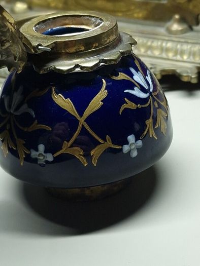 Antique Victorian Inkwell Set  Ornate Brass & Hand Painted Glass c. late 1800s