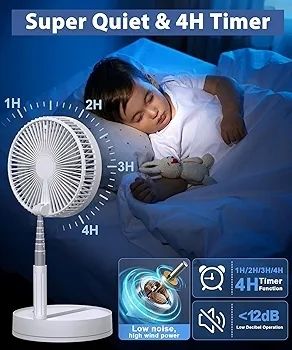 Portable Foldable Standing Fan - 8.6" 8000mAh Rechargeable Oscillating | 4-speed 22dB Silent Fan with Remote. USB Telescopic 3.5" Collapsible Design for Bedroom, Travel, Cruise & Camping.
