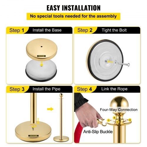 Crowd Control Stanchion, Set of 8 Pieces Stanchion Set, Stanchion Set with 5 ft/1.5 m Red Velvet Rope, Gold Crowd Control Barrier w/ Sturdy Concrete and Metal Base  Easy Connect Assembly