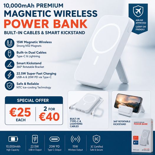 Premium 10000mAh Magnetic Wireless Power Bank with Built-in Cables and Stand - White - Brand New - 15W MagSafe & 22.5W Fast Charge