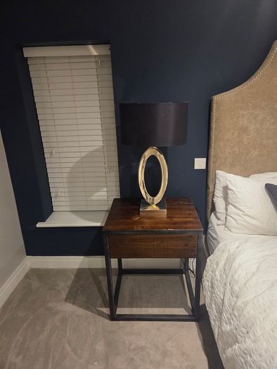 2 x industrial style wooden bedside lockers with 2 x lamps