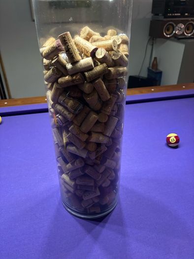250+ Wine Cork Collection in Tall Glass Vase Unique Bar or Man Cave Decor