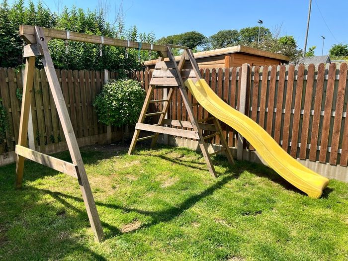 Wooden Swing Set with Slide + Swing Accessories