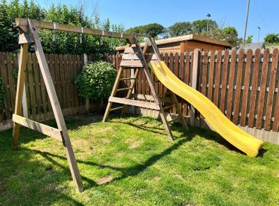Wooden Swing Set with Slide + Swing Accessories