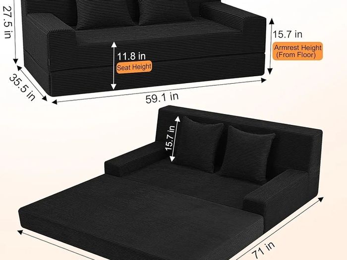 Convertible Folding Sofa Bed, Corduroy Boneless Couch, Black Folding Foam Boneless Couch with 2 Pillows, Sleeper Lounger Foldable Sofa for Small Spaces, Bedroom and Guest Room