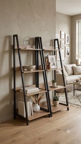 Set of 2 Oak-Look & Black Frame Ladder Shelves
