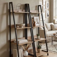 Set of 2 Oak-Look & Black Frame Ladder Shelves