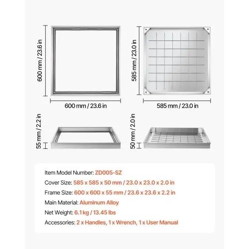 Manhole Cover with Frame, 600 x 600mm Invisible Recessed Septic Tank Access Covers, Aluminum Alloy Embedded Drain Channel Inspection Cover
