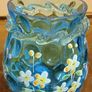 Pair Of Fenton Style  Blue  Glass  Ruffled  Vase With Hand Painted Floral Design Image 4