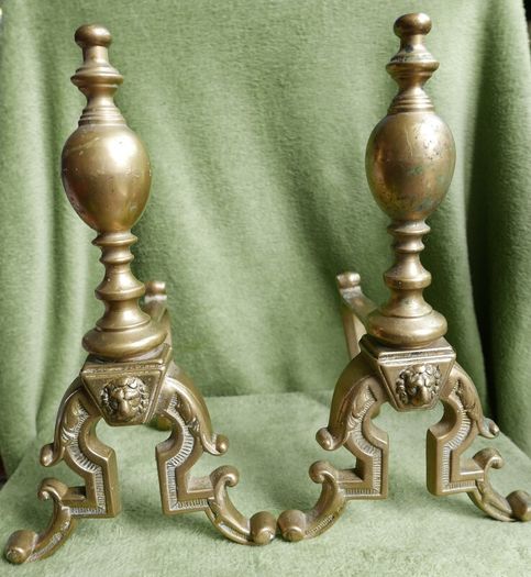 Antique Victorian Brass Fire Side Dogs - Lion Head Brass Fire Dogs