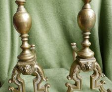 Antique Victorian Brass Fire Side Dogs - Lion Head Brass Fire Dogs