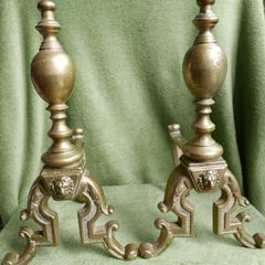 Antique Victorian Brass Fire Side Dogs - Lion Head Brass Fire Dogs