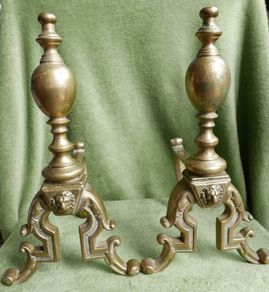 Antique Victorian Brass Fire Side Dogs - Lion Head Brass Fire Dogs