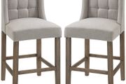Set of 2 Bar Stools with Button Tufting, Solid Wood, incl. Footrest, 47 cm x 50 cm x 101 cm, Gray  Natural