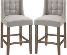 Set of 2 Bar Stools with Button Tufting, Solid Wood, incl. Footrest, 47 cm x 50 cm x 101 cm, Gray  Natural
