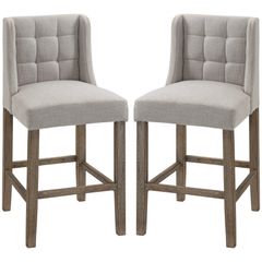 Set of 2 Bar Stools with Button Tufting, Solid Wood, incl. Footrest, 47 cm x 50 cm x 101 cm, Gray  Natural