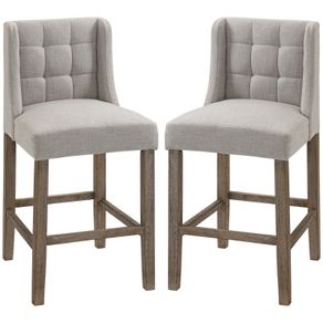 Set of 2 Bar Stools with Button Tufting, Solid Wood, incl. Footrest, 47 cm x 50 cm x 101 cm, Gray  Natural