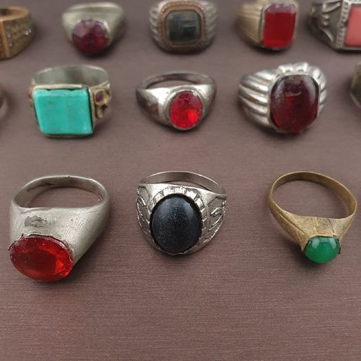 Antique Brass Ring Collection 15 Mixed Handmade Stone & Glass Rings