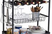 Kitchen Island Storage Trolley with Wine Rack,Serving Trolleys with Utility Wood Tabletop,4-Tier Rolling Cart with Basket Drawer Lockable Casters for Home,Dining Room,Restaurant,Hotel (FREE POSTAGE)
