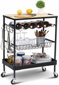 Kitchen Island Storage Trolley with Wine Rack,Serving Trolleys with Utility Wood Tabletop,4-Tier Rolling Cart with Basket Drawer Lockable Casters for Home,Dining Room,Restaurant,Hotel (FREE POSTAGE)
