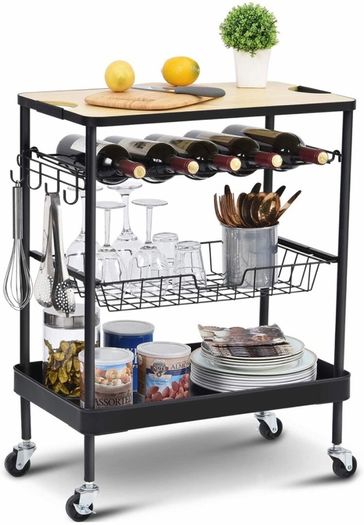 Kitchen Island Storage Trolley with Wine Rack,Serving Trolleys with Utility Wood Tabletop,4-Tier Rolling Cart with Basket Drawer Lockable Casters for Home,Dining Room,Restaurant,Hotel (FREE POSTAGE)