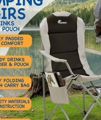 FREE SHIPPING 2 Padded Camping Chairs - Set of 2 Deluxe Folding Chairs with Cup Holder and Side Pockets, Holds up to 120kg - Lightweight 3.3kg per Chair