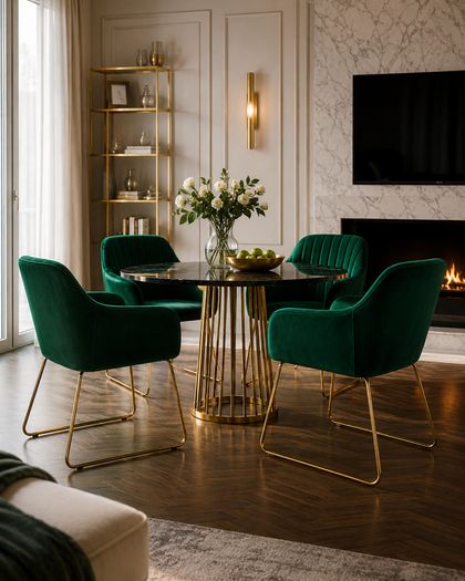 Set of 2 Green Velvet Dining Chairs with Gold Metal Legs
