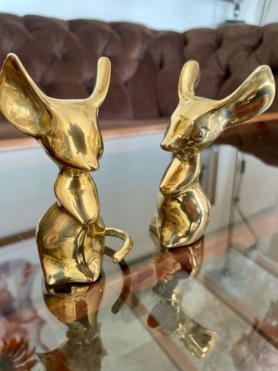 Two Vintage Stylised Big Eared Brass Mouse Figurines Brass Mice Ornaments 1970s