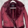 Pull&Bear Size S Burgundy Faux Suede Shearling Aviator Jacket Fur Lined Biker Coat Image 4