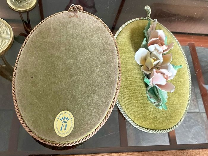 Vintage Pair Genuine Capo di monte 3D Porcelain Floral Wall Plaques with Label