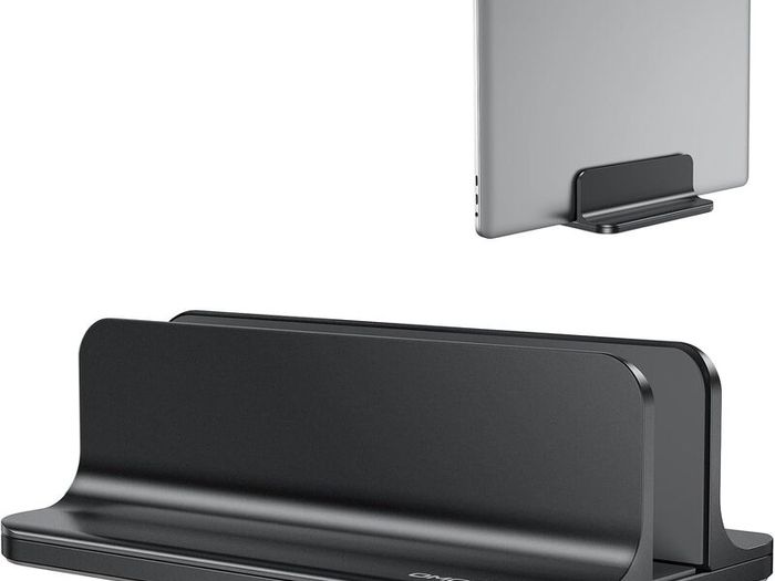 OMOTON Vertical Laptop Stand Adjustable, Desktop Aluminum MacBook Stand with Adjustable Dock Size, Laptop Holder Fits All MacBook, Surface, Chromebook and Gaming Laptops (Up to 17.3 inches), Black