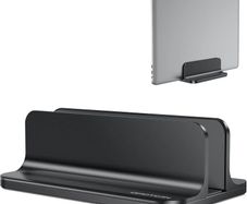 OMOTON Vertical Laptop Stand Adjustable, Desktop Aluminum MacBook Stand with Adjustable Dock Size, Laptop Holder Fits All MacBook, Surface, Chromebook and Gaming Laptops (Up to 17.3 inches), Black