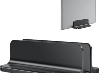 OMOTON Vertical Laptop Stand Adjustable, Desktop Aluminum MacBook Stand with Adjustable Dock Size, Laptop Holder Fits All MacBook, Surface, Chromebook and Gaming Laptops (Up to 17.3 inches), Black