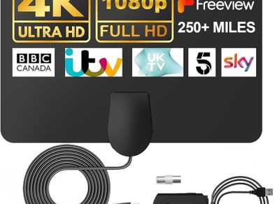 TV Aerial Indoor, TV Aerial with 250+ Miles Long Range Reception, Indoor TV Aerial for Freeview TV Support 4K 1080P Local HDTV Channels, Contains 13 ft