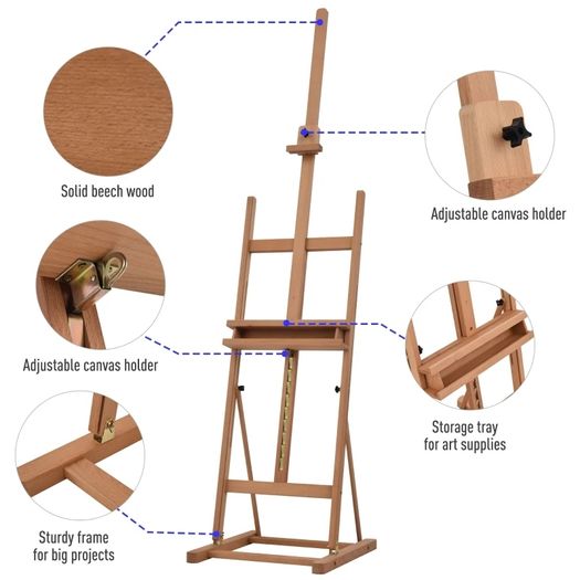 Wooden H-Frame Artist Easel, Height Adjustable Easel Stand with Canvas Holder and Pencil Case for Display, Drawing, Painting, Natural