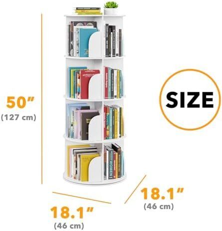 4-Tier Rotating Bookshelf Tower, Spinning Lazy Susan, 360 Revolving Bookshelf Storage, Round Carousel, Vertical Turntable Spiral Corner Organizer, White