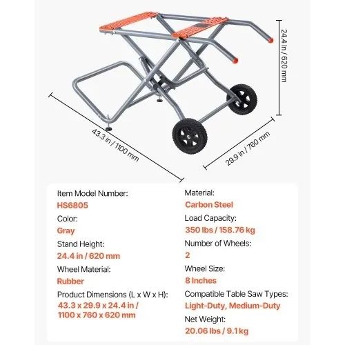 Portable Table Saw Stand, 159 kg/350 lbs Load Capacity, Rolling Foldable Table Saw Table with 203 mm/8 inches Rubber Wheels, Heavy Duty Construction