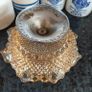 Stunning Vintage Carnival Glass Bowl Marigold on Metal Stand Image 6