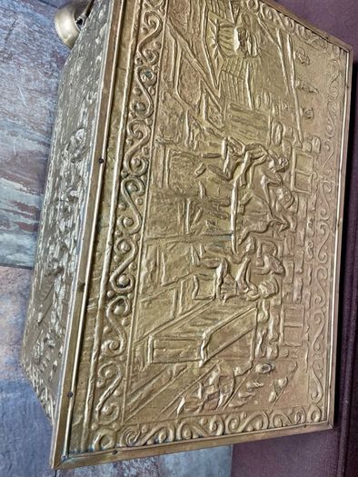 Ornate Brass Fireside Coal Box Embossed Tavern Scene